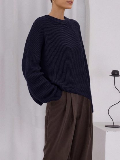 Navy blue ribbed crew neck knitted sweater - Image 4