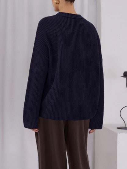 Navy blue ribbed crew neck knitted sweater - Image 3
