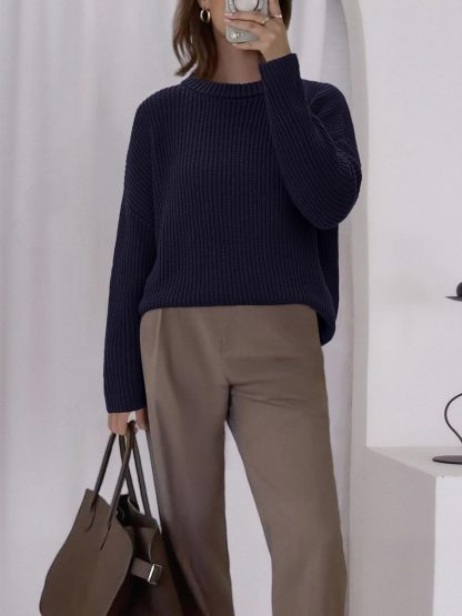 Navy blue ribbed crew neck knitted sweater - Image 2