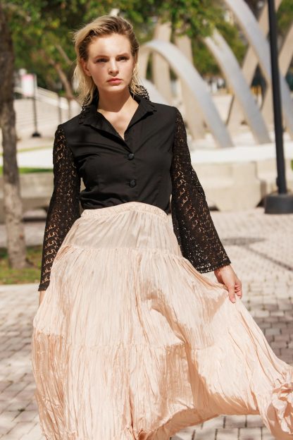 Light pink multi-layered pleated high-waisted maxi skirt - Image 6
