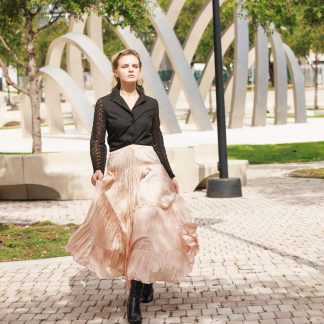 Light pink multi-layered pleated high-waisted maxi skirt