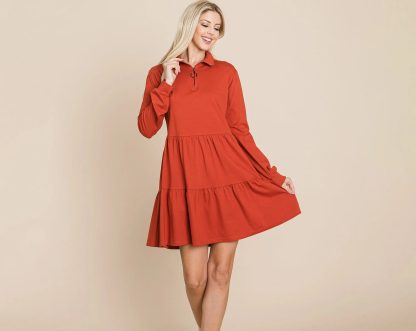 Retro Casual Polo Neck Half-Zip Cake Dress