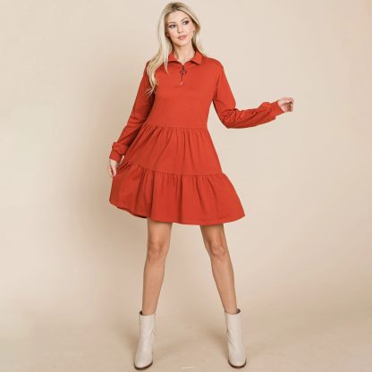 Retro Casual Polo Neck Half-Zip Cake Dress - Image 3
