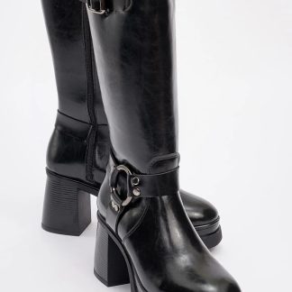 Cool metal buckle thick-soled mid-calf boots