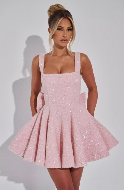 Pink Sequin Square Neck Bow Hem Mini Skirt - Image 3