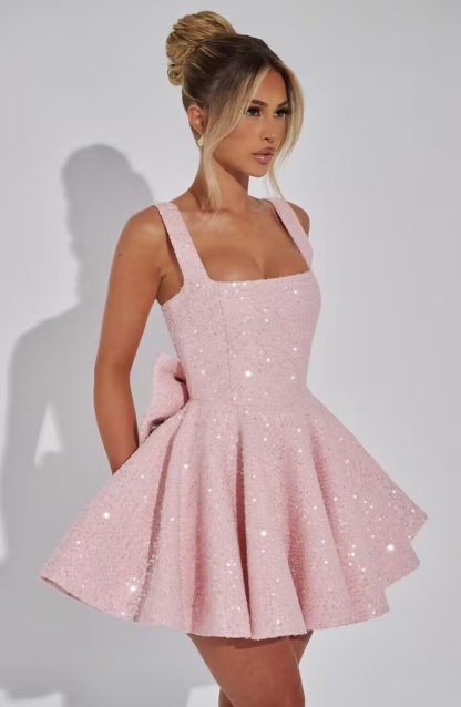Pink Sequin Square Neck Bow Hem Mini Skirt - Image 2