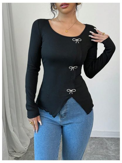 Sweet and cool style metal bow slim long-sleeved top - Image 6
