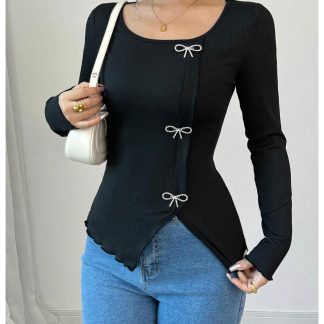 Sweet and cool style metal bow slim long-sleeved top