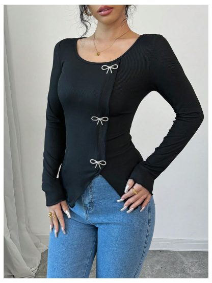 Sweet and cool style metal bow slim long-sleeved top - Image 2