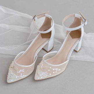 Fairy-like and gentle mesh sequined thick-heeled shoes