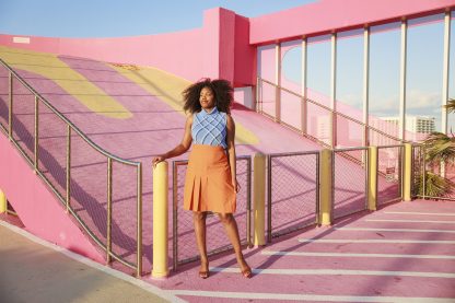 Vibrant orange high waist pleated midi skirt - Image 2
