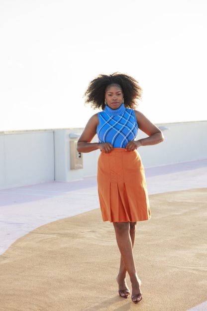 Vibrant orange high waist pleated midi skirt - Image 9