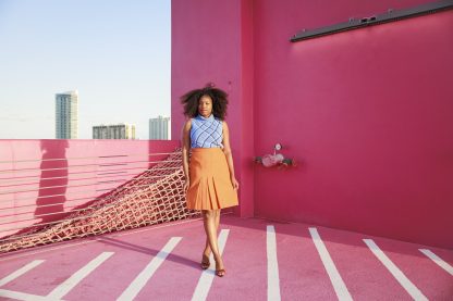 Vibrant orange high waist pleated midi skirt