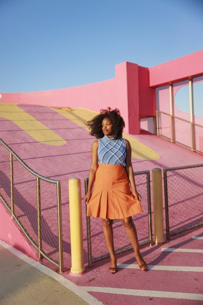Vibrant orange high waist pleated midi skirt - Image 3