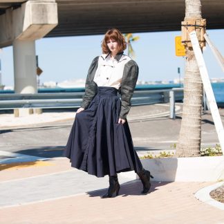 Navy blue high waist flared long skirt