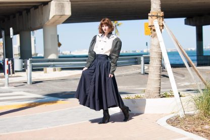 Navy blue high waist flared long skirt
