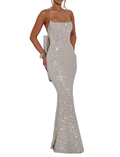 Silver Sequined Strapless Bow Fishtail Maxi Dress - Image 7