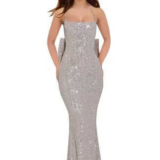 Silver Sequined Strapless Bow Fishtail Maxi Dress