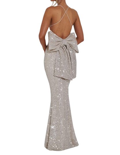 Silver Sequined Strapless Bow Fishtail Maxi Dress - Image 5