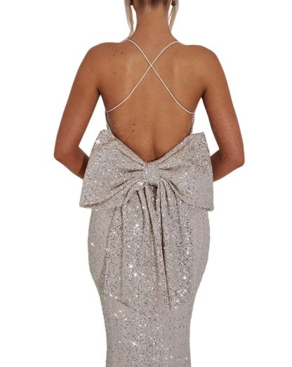 Silver Sequined Strapless Bow Fishtail Maxi Dress - Image 4