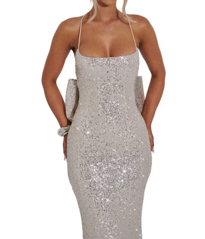 Silver Sequined Strapless Bow Fishtail Maxi Dress - Image 3