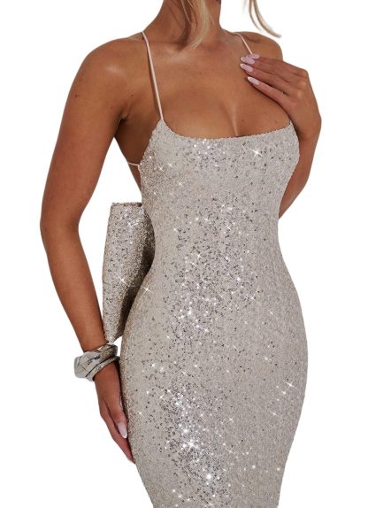 Silver Sequined Strapless Bow Fishtail Maxi Dress - Image 2