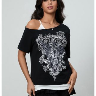 Sweet off-the-shoulder printed two-piece T-shirt