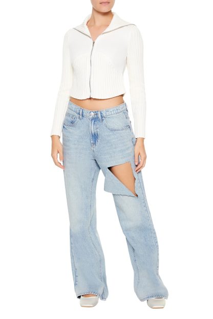 Deconstructed ripped flared jeans