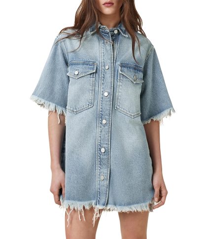 raw-edge denim shirt dress