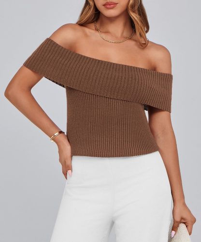 Brown Off-the-Shoulder Ribbed Knit Top - Image 9