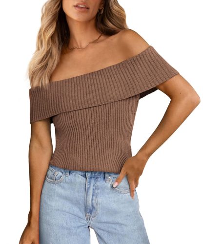 Brown Off-the-Shoulder Ribbed Knit Top - Image 8