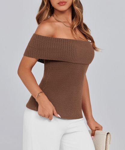 Brown Off-the-Shoulder Ribbed Knit Top - Image 7