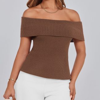 Brown Off-the-Shoulder Ribbed Knit Top