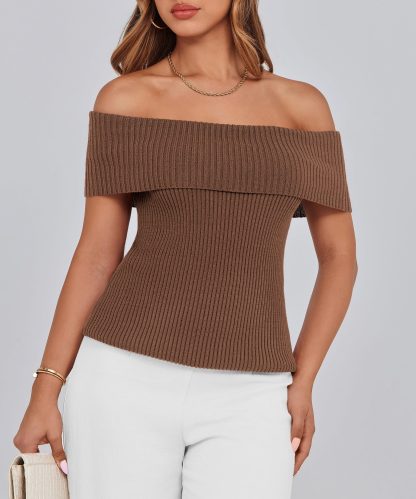 Brown Off-the-Shoulder Ribbed Knit Top