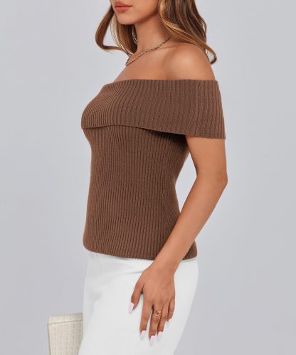 Brown Off-the-Shoulder Ribbed Knit Top - Image 5