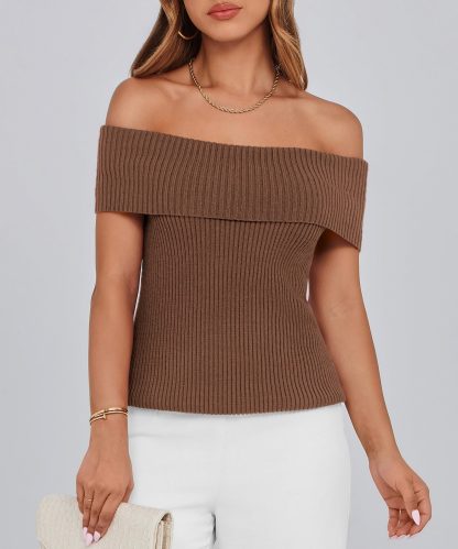 Brown Off-the-Shoulder Ribbed Knit Top - Image 4