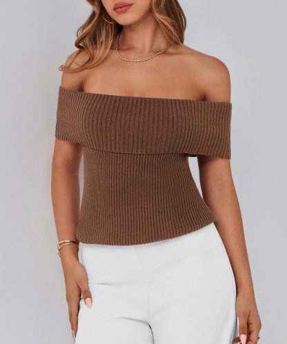 Brown Off-the-Shoulder Ribbed Knit Top - Image 3