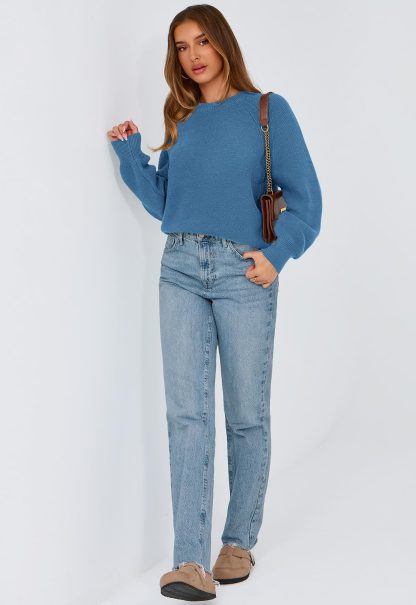 Blue crew neck loose knit sweater - Image 2