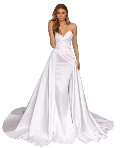 White satin strapless pleated mermaid dress with train