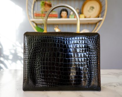 Vintage crocodile-print metal handle handbag - Image 5