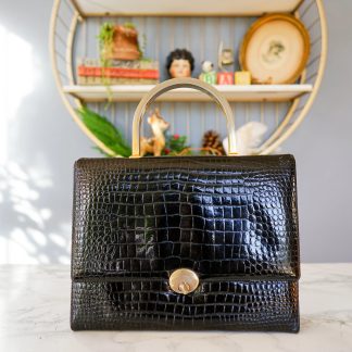 Vintage crocodile-print metal handle handbag
