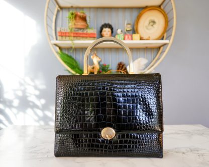 Vintage crocodile-print metal handle handbag