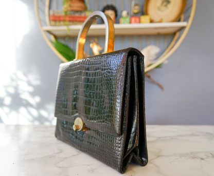 Vintage crocodile-print metal handle handbag - Image 2