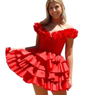Rose red one-shoulder ruffled cake mini skirt