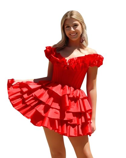 Rose red one-shoulder ruffled cake mini skirt