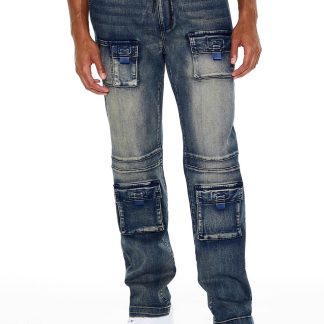 Vintage distressed multi-pocket denim overalls