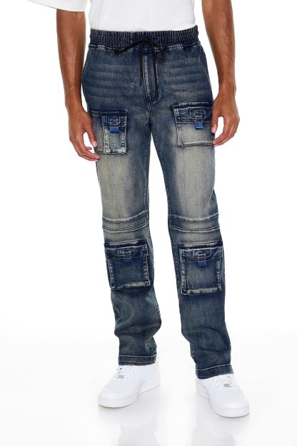 Vintage distressed multi-pocket denim overalls