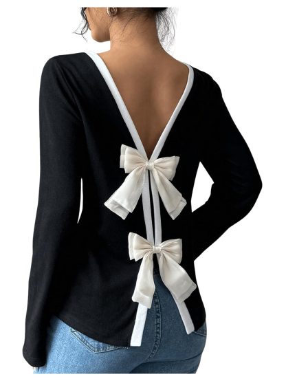 French Retro Backless Double Bow Long Sleeve Top - Image 5