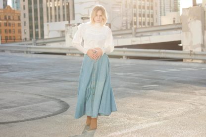 Light Blue Washed Denim Buttoned A-Line Skirt - Image 2