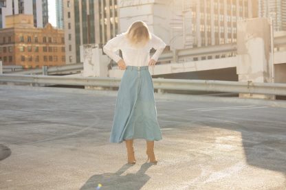 Light Blue Washed Denim Buttoned A-Line Skirt - Image 9